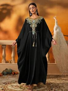 AmazingHoney Áo dài kaftan tay rộng màu đen sang trọng thanh lịch theo phong cách Trung Đông, váy Ả Rập cho phụ nữ, váy abaya, khiêm tốn - màu đen - Xem 5