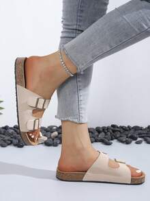 2025 Spring/Summer New Fashion Women Cute Comfortable Thick Sole Sandals, Women Elegant Flat Sandals, Resort Style Beach Shoes, Slip-On Flat Casual Slippers Suitable For Dresses, Beach Or Apartment, Black, White, Khaki, Brown, Coffee, Beige, Formal Shoes, Holiday Sandals, Bohemian Style Beach Walking Shoes, Flat Loafers, Thick Sole Flat Sandals - Beige - View 3