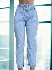 1 pieza mezclilla pantalona con perlas,rigido tela. - Azul lavado medio - Ver 2