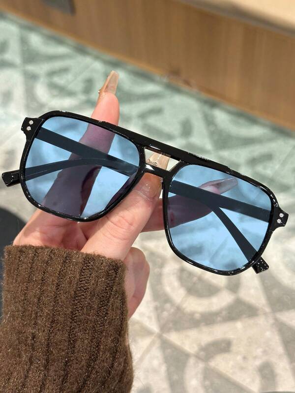 1pc Men's Large Square Frame Fashion Rivet Eyeglasses For Daily Wear And Vacation Street Fashion Eyewear For Summer Beach Vacation,Outdoor,Travel