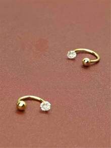 2pcs Minimalist Gold-Tone Stainless Steel C-Shaped Stud Earrings With Cubic Zirconia, Suitable For Women's Daily Wear - Earrings - View 2
