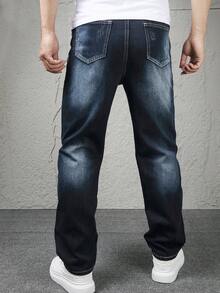 Retro Style Distressed Embroidery Dark Blue Slim Fit Straight Leg Casual Jeans For Teenage Boys