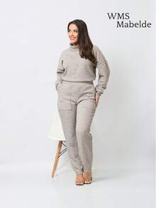 WMS Women's Woolen Ribbed Crew Neck Pants Set SimpleElegantCasualCutePocket - 淺灰色 - 查看 3