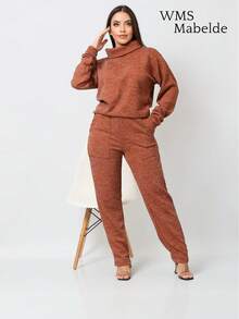 WMS Women's Woolen Ribbed Crew Neck Pants Set SimpleElegantCasualCutePocket - 駝色 - 查看 3