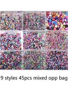 45pcs/Pack Stainless Steel Tongue, Eyebrow, Nose Ring & Lip Piercing Jewelry, 9 Styles 5pcs Each