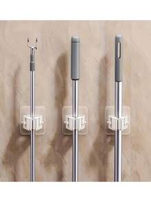 4pcs,Mop Storage Rack, Bathroom Free Punch Mop Clamp Hook Holder, Hanging Mop Storage Rack With Latch, Seamless Wall Hanging Mop Clamp, Plastic Broom Storage Holder, Bedroom, Garden, Bathroom, Home, Dormitory Home Space Saving Storage