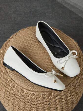 Women's Fashionable Square Toe Slip-On Flats, Stylish Bow Decor, Elegant French Vibe, Comfortable And Versatile For Summer