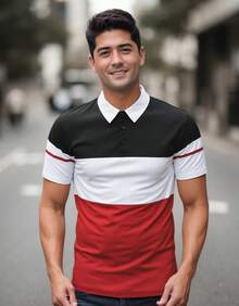 POLO de negocios para hombres de verano, y con bloque de color colisión diseño de color, moda, cómodo, adecuado para negocios, golf - Negro y rojo - Ver 1