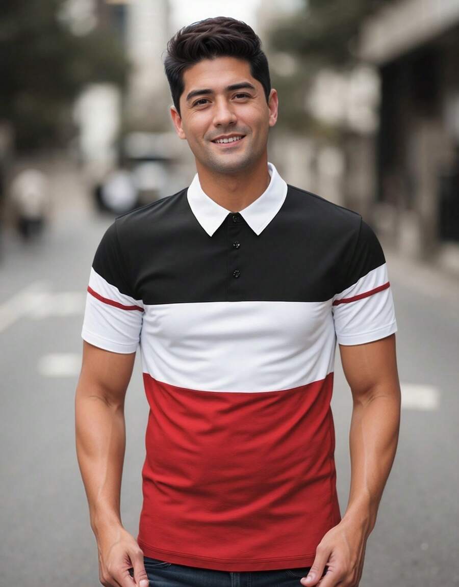 POLO de negocios para hombres de verano, y con bloque de color colisión diseño de color, moda, cómodo, adecuado para negocios, golf - Negro y rojo - Ver 1