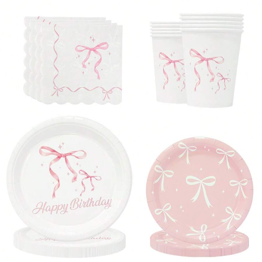 Set de 10 piezas/20 piezas/50 piezas/80 piezas de suministros para fiesta de cumpleaños con moños rosas, que incluye platos, servilletas, vasos y vajilla para decoración de fiesta de princesa o despedida de soltera - Multicolor - Ver 1