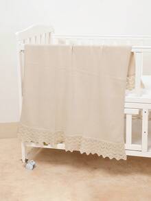 1pc Infant/Toddler Knitted Solid Color Blanket With Delicate Lace Trim, Soft & Comfortable, All Season Baby Throw Blanket - Beige - View 3