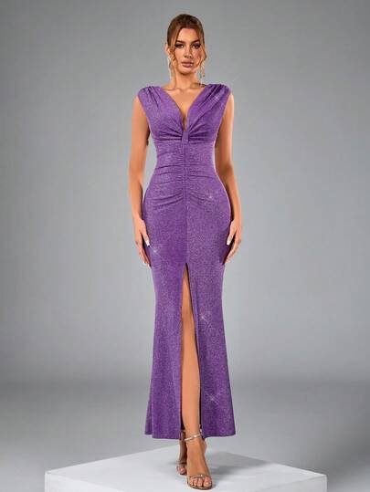 Women's Sleeveless V-Neck Ruched Front Slit Elegant High-End Dress, Women's Fitted Fishtail Dress, Women's Graceful Bridesmaid Dress, Party Dress, For Cocktail