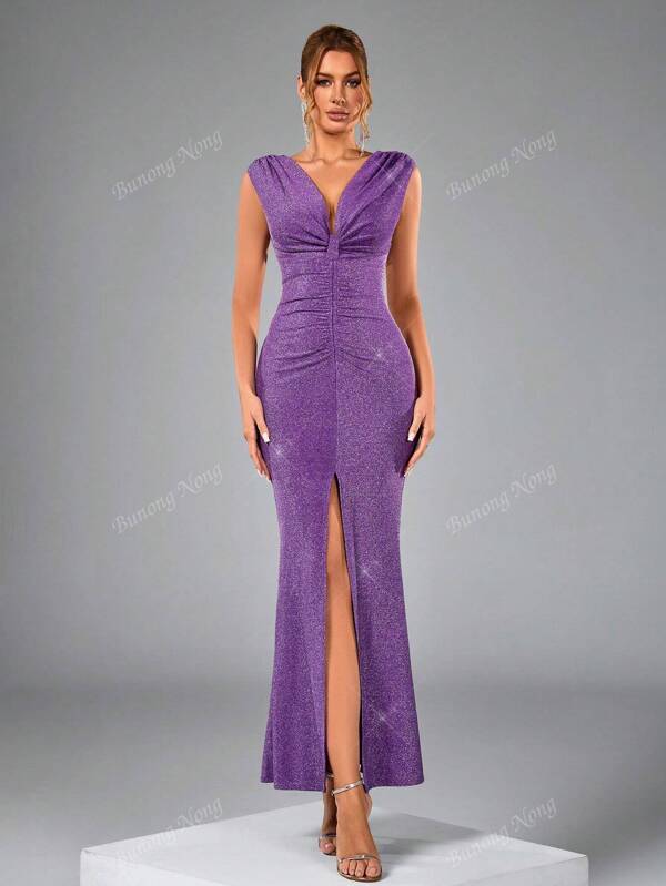 Elegante, hoogwaardige jurk met V-hals en gerimpelde voorkant voor dames, getailleerde fishtailjurk voor dames, sierlijke bruidsmeisjesjurk voor dames, feestjurk, voor cocktailparty's