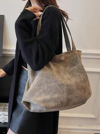 Tygväska med stor kapacitet, handväska i retrostil konstläder med framficka för arbete och resor