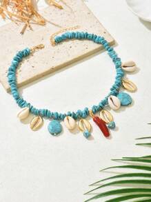 1pc Fashionable & Elegant Bohemian Turquoise Seashell Pendant Necklace For Women, Summer Holiday Jewelry