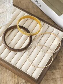 3pcs Vintage Geometric Wooden Resin Metal Bangle Bracelet Set, Suitable For Women Casual, Party Wear