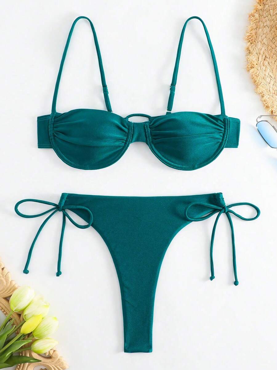 夏季假期褶皱细肩带性感比基尼套装 - 墨綠 - 查看 1
