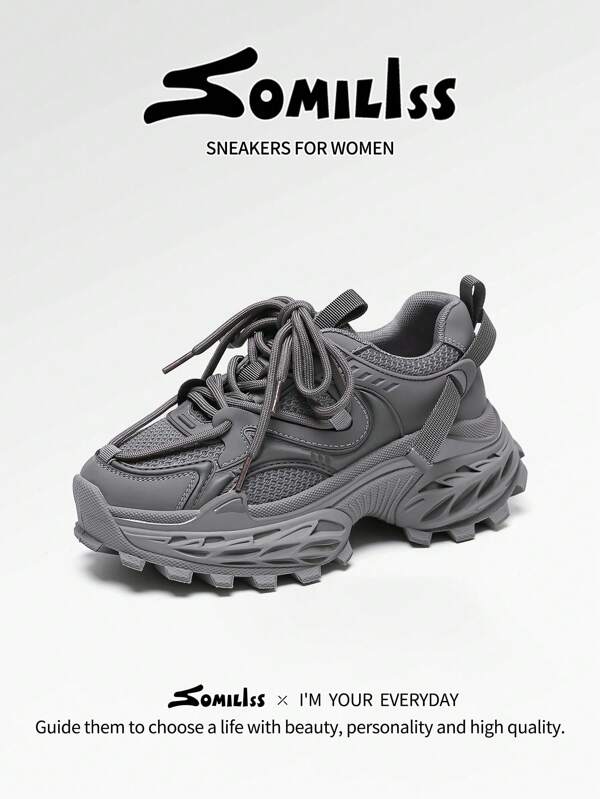 somiliss 1 Pair Women's Sporty Anti-Slip Casual Lace-Up Shoes, Faux Leather Mesh, Comfortable Student Running Shoes, Personalized Thick Sole +4cm Height, Low-Top Outdoor Walking Shoes, Grey, Spring/Autumn 2025 New Arrival