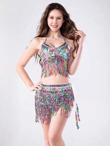 Colorful Sequined Tassel Halter Bra And Waist Chain Set - Belly Dance Stage Show And Nightclub Party - Multicolor - View 7