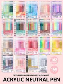 162pcs 1 Set High Capacity Color Neutral Pen, Student Drawing Drawing 156 Colors Handbook Pen, Painting Graffiti Outlining Can Be Stacked Color Pen, 18 Color System Set Candy Color Morandi Color Lovely Stationery Pen Back To School - Multicolor - View 12