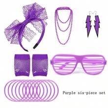 3/5/6pcs. 1980s Singer-Themed Party, Colorful Neon Necklaces, Bracelets, Earrings, Lace Headbands, Fishing Nets, Glove Sets, 1980s Clothing Props, Photo Props, Festival Party Props