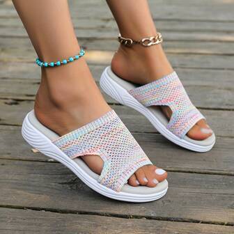 2025 New Summer Woven Sandals For Women, Versatile Platform Thick Sole Breathable Beach Slippers, Solid Color Casual Hollow Out Slides For Indoor & Outdoor