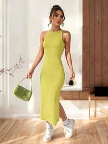 Long Fitted Off-The-Shoulder Dress With Leg Opening And Open Back - 黃色 - 查看 3