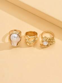 3pcs/Set Retro Metal Elegant Faux Pearl Inlaid Design Rings, Can Be Worn Separately Or Combined, Suitable For Women's Daily Outfit Decor, Dates, Gatherings, Parties - 3-piece Ring Set - View 6