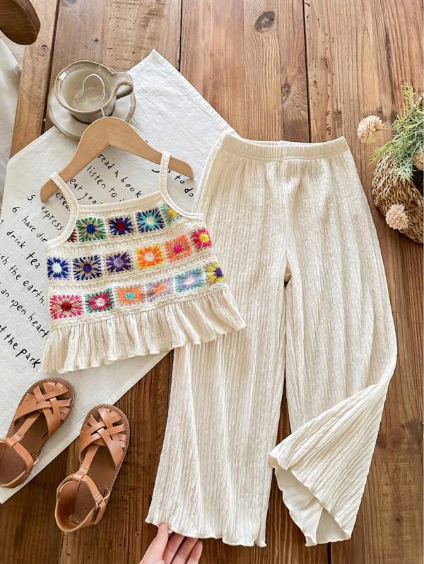 2pcs/Set Young Girl Casual Camisole And Wide-Leg Pants Set, Suitable For Party, Leisure, Holiday And Daily Wear, Summer