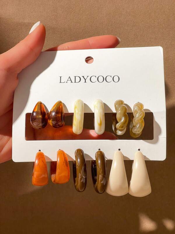 6 pares de pendientes asimétricos en forma de C, elegantes y de moda, de acrílico multicolor, adecuados para mujeres, conjunto de pendientes de regalo