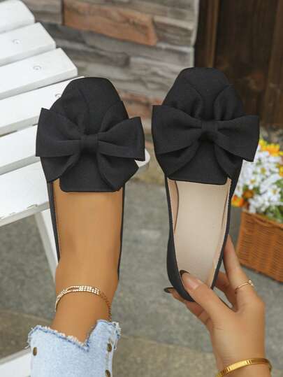 Women's Bow Square Toe Wide Fit Ballerina Flats, Comfortable Slip-On Loafers, Elegant For Spring/Summer Everyday, Office, Commuting, Black Wide Width Shoes