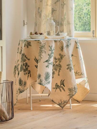 1pc Retro Rustic Vintage Style Tablecloth With Pine Cone & Leaf Print, Green, Rectangular, Suitable For Kitchen Decor, TV Cabinet, Dining Table, Party, Wedding, Hotel, All Seasons