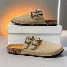 2025 Spring/Summer New Fashion Casual Beach Sandals, Closed Toe Lightweight & Breathable Unisex Couples Slippers, PU Material, Outdoor Beach Shoes, Arabic Style, Non-Slip & Durable, Random Patterns, Stitching, Buckle, Black, Khaki, Brown - Khaki - View 6