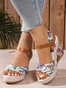 2024 New European Women Platform Floral Print Slide Sandals, Summer Outdoor Casual Leisure Chunky Wedge Adjustable Strap Comfortable Open Toe Shoes