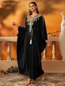 AmazingHoney Áo dài kaftan tay rộng màu đen sang trọng thanh lịch theo phong cách Trung Đông, váy Ả Rập cho phụ nữ, váy abaya, khiêm tốn - màu đen - Xem 10