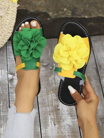 Ladies Peep Toe Flat Sandals, Summer New Women's Fashion Leisure Decoration Floral Two-Color Sandals, Beach Slippers