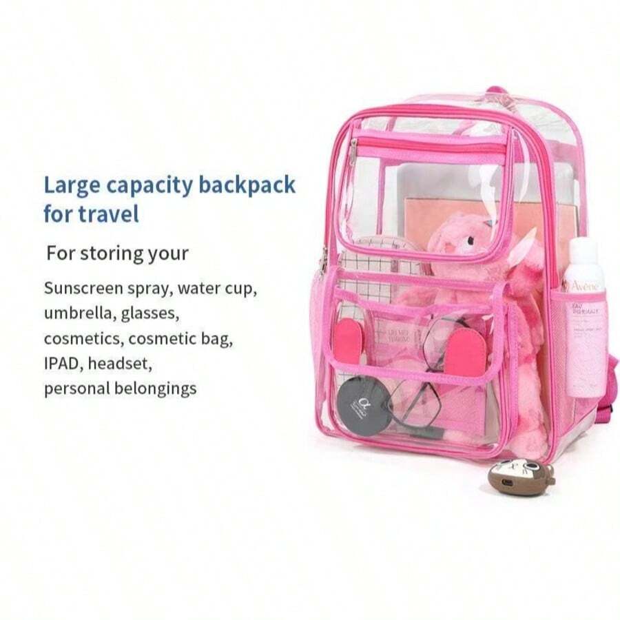 Transparent PVC Backpack Waterproof Large Capacity Storage Bag Student Travel - Rosa - Ver 1