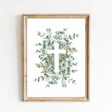 1pc Cross Eucalyptus Leaf Wall Art Picture Scripture Christian Prints Canvas Paintings Bible Poster Green Religion Minimalist Decor For Home, Kitchen, Laundry Wall Decor Gift For Her No Framed Or Framed - Multicolor - View 3