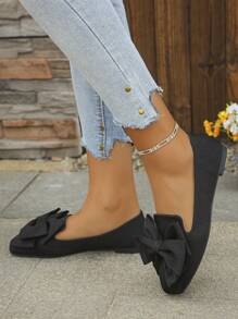 Women's Bow Square Toe Wide Fit Ballerina Flats, Comfortable Slip-On Loafers, Elegant For Spring/Summer Everyday, Office, Commuting, Black Wide Width Shoes