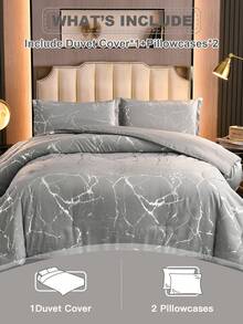 Bộ 3 mảnh vỏ chăn bằng đá cẩm thạch không chất độn (1 vỏ chăn & 2 vỏ gối), Bộ chăn ga hiện đại cho tất cả các mùa - Xám - Xem 3