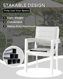 Patio Stackable Chairs Set Of 2, Outdoor Aluminum Stacking Dining Chairs With Textilene Fabric For Outdoor, Patio, Deck, Backyard - White+Light Grey - View 6