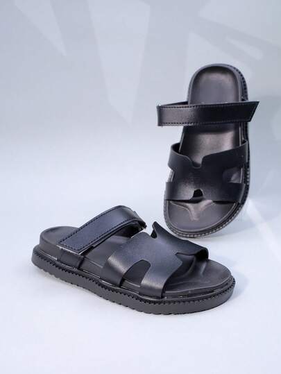 1 par enkla lädersandaler i två färger för barn, bekväma lätta design med dubbla remmar Platt avslappnad stil, lämplig för dagligt bruk och semester