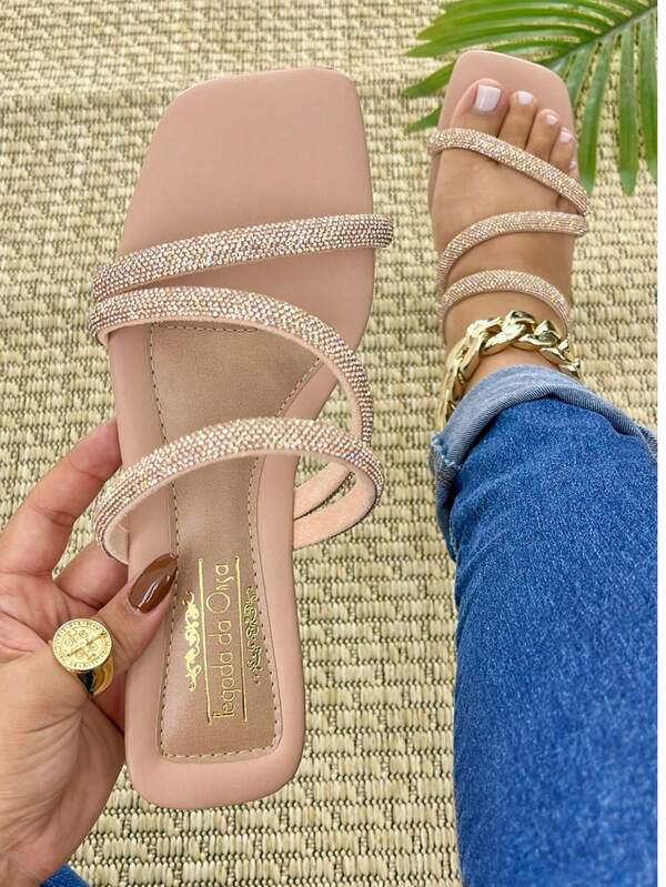 Sandália Rasteira Feminina Confortável Delicada Strass Brilho Calce Fácil