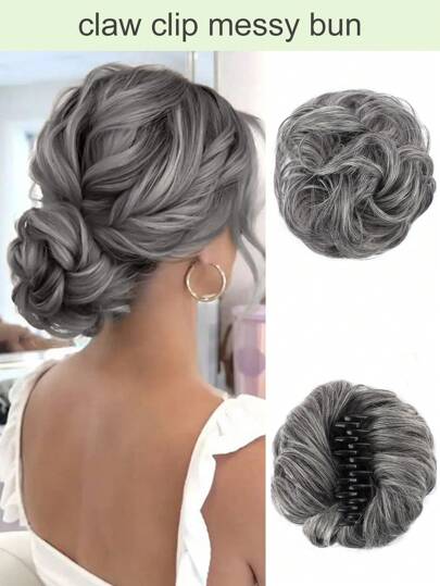 Pedaço de Cabelo para Coque Bagunçado com Presilha de Garra para Mulheres, Extensão de Coque de Cabelo Ondulado e Encaracolado Bagunçado, Clipe de Cabelo para Penteado de Coque Bagunçado em Cabelo Sintético (Cinza)