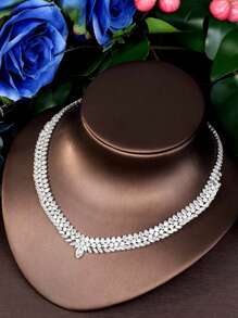 1 conjunto de joias de nicho elegante estilo francês com zircônia cúbica incrustada para festa de casamento, conjunto de joias para noite, colar, brincos, pulseira, 4 peças