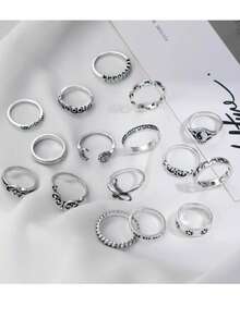 16 Pcs/Set Vintage Octagon Sun Moon Snake Leaf Flower Joint Rings - Gold - View 6