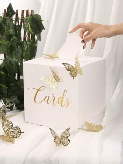 1pc Elegant White Card Box With 12 Gold Hollow Butterfly Stickers, Designed With Gold Foil, Perfect As A Wedding Gift, Wedding Cash Box Holder, Anniversary, Birthday Party, Graduation Table Center Decoration, Wedding Decoration, Home Decoration (Including 10 Greeting Cards) Summer Gifts Beach Back To School School Supplies Room Decor