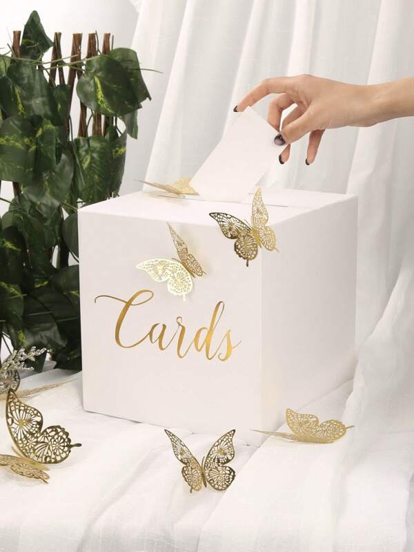 1 Stück elegante weiße Kartenbox mit 12 goldenen Cut Out Schmetterling Aufklebern, entworfen mit Goldfolie, perfekt als Hochzeitsgeschenk, Hochzeit Geldbox Halter, Jahrestag, Geburtstags-Party, Abschluss Tisch Dekoration, Hochzeitsdekoration, Heimdekoration (inklusive 10 Grußkarten) Sommer-Geschenke Strand Schulanfang Schulbedarf Raumdekoration
