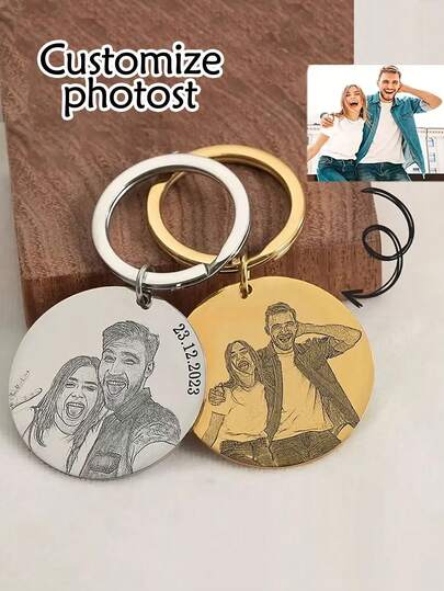 2pcs Personalized Golden, Silvery, Real Photo Keychain • Custom Portrait • Personalized Keychain • Valentine's Day Gift • Anniversary Gift Keychain, The Best Gift For Her Or Him