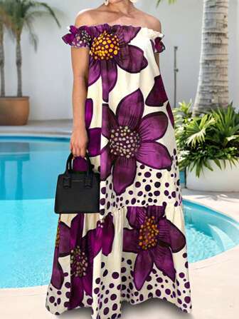 Damers vår- och sommarsemesterstil Enaxelblomma Polka Dot Print Super Long Dress Party